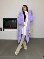 Пуховик жіночий бузковий довгий 120см