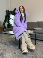 Пуховик жіночий бузковий довгий 120см