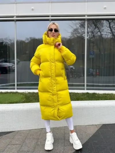 Пуховик жіночий жовтий довгий 120см