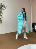 Пуховик жіночий блакитний довгий 120см