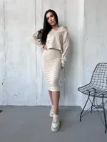 Костюм жіночий 2-в-1: кофта + сукня міді бежевий