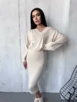 Костюм жіночий 2-в-1: кофта + сукня міді бежевий