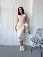 Костюм жіночий 2-в-1: кофта + сукня міді бежевий