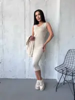 Костюм жіночий 2-в-1: кофта + сукня міді бежевий