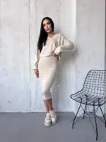 Костюм жіночий 2-в-1: кофта + сукня міді бежевий
