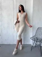 Костюм жіночий 2-в-1: кофта + сукня міді бежевий