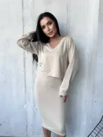 Костюм жіночий 2-в-1: кофта + сукня міді бежевий