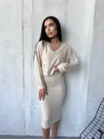 Костюм жіночий 2-в-1: кофта + сукня міді бежевий