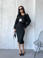Костюм жіночий 2-в-1: кофта + сукня міді чорний