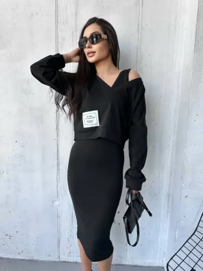 Костюм жіночий 2-в-1: кофта + сукня міді чорний