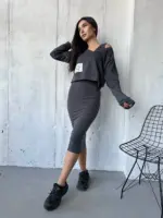 Костюм жіночий 2-в-1: кофта + сукня міді графіт