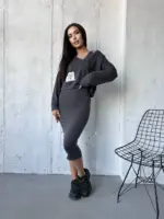 Костюм жіночий 2-в-1: кофта + сукня міді графіт