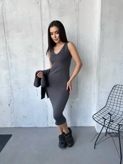 Костюм жіночий 2-в-1: кофта + сукня міді графіт