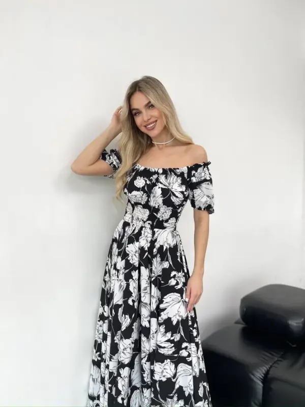 B36-syknya-maksi-big-white-flowers-on-black (1) Сукня максі в підлогу з принтом крупні білі квіти на чорному