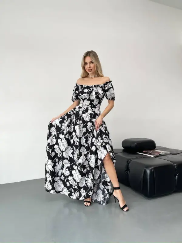 B36-syknya-maksi-big-white-flowers-on-black (2) Сукня максі в підлогу з принтом крупні білі квіти на чорному