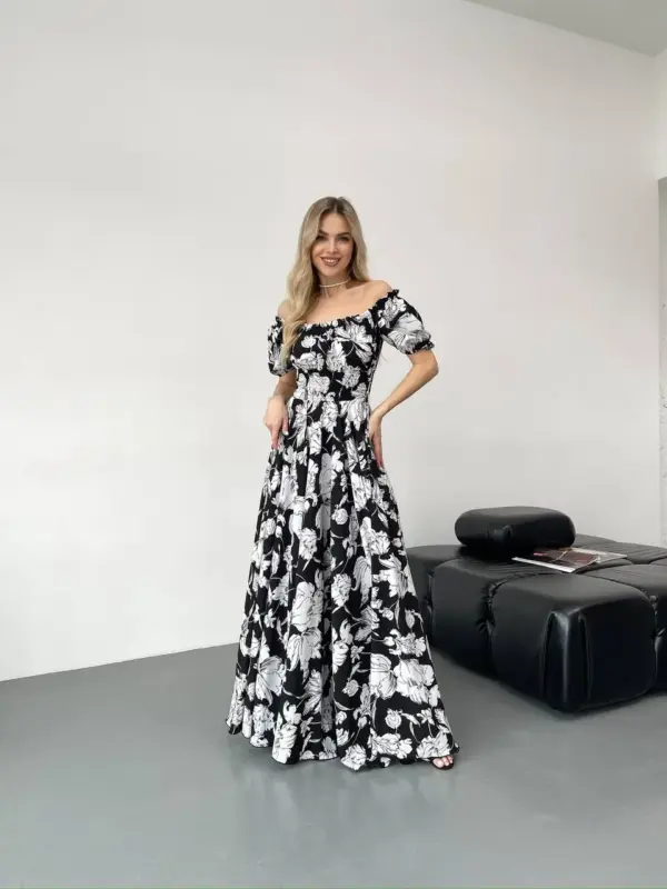B36-syknya-maksi-big-white-flowers-on-black (3) Сукня максі в підлогу з принтом крупні білі квіти на чорному