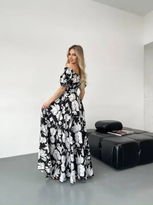 B36-syknya-maksi-big-white-flowers-on-black (5) Сукня максі в підлогу з принтом крупні білі квіти на чорному