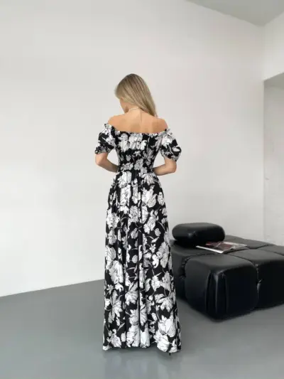 Сукня максі в підлогу з принтом крупні білі квіти на чорному