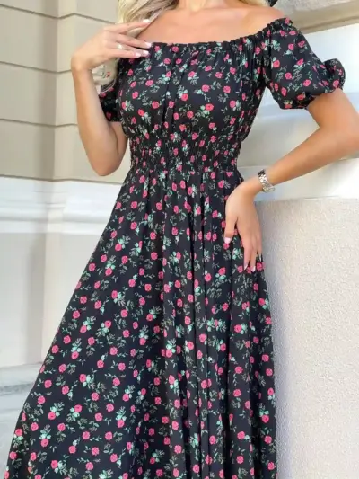 Сукня максі в підлогу з принтом червоні квіти на чорному фоні