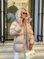 Пуховик жіночий бежевий оверсайз 75см