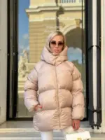 Пуховик жіночий бежевий оверсайз 75см