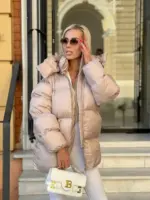 Пуховик жіночий бежевий оверсайз 75см