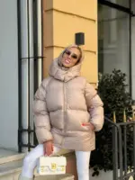 Пуховик жіночий бежевий оверсайз 75см