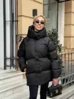 Пуховик жіночий чорний оверсайз 75см