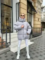 Пуховик жіночий сірий оверсайз 75см довжина