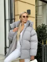 Пуховик жіночий сірий оверсайз 75см довжина