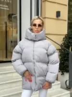 Пуховик жіночий сірий оверсайз 75см довжина