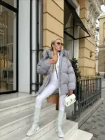 Пуховик жіночий сірий оверсайз 75см довжина