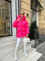 Пуховик жіночий яскраво-рожевий оверсайз 75см довжина