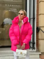 Пуховик жіночий яскраво-рожевий оверсайз 75см довжина