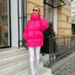Пуховик жіночий яскраво-рожевий оверсайз 75см довжина