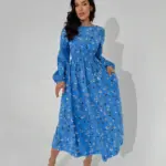 Сукня міді з довгим рукавом блакитна в квітку