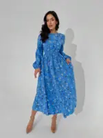 Сукня міді з довгим рукавом блакитна в квітку