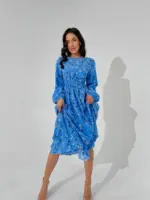 Сукня міді з довгим рукавом блакитна в квітку
