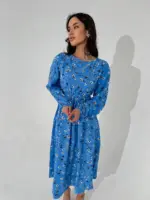 Сукня міді з довгим рукавом блакитна в квітку