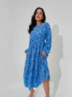 Сукня міді з довгим рукавом блакитна в квітку
