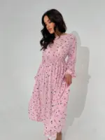 Сукня міді з довгим рукавом рожева в квітку