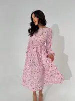 Сукня міді з довгим рукавом рожева в квітку