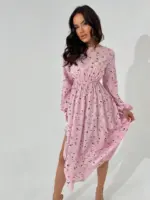 Сукня міді з довгим рукавом рожева в квітку