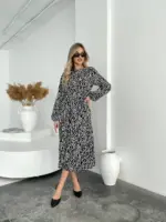 Сукня міді з довгим рукавом зебра чорна