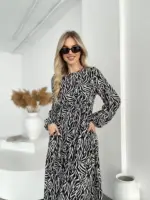 Сукня міді з довгим рукавом зебра чорна