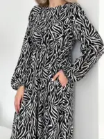 Сукня міді з довгим рукавом зебра чорна