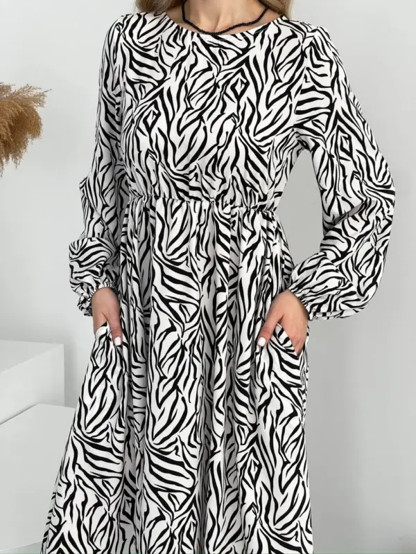 m519-syknya-midi-zebra-white (4) Сукня міді з довгим рукавом зебра біла