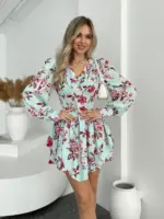 Сукня-комбінезон принтована червоні квіти на ментоловому фоні