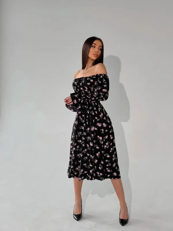 m525-2-pink-flowers-on-black (10) Cукня міді з принтом рожева квітка на чорному