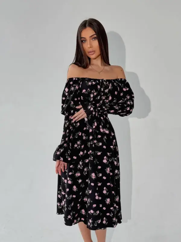 m525-2-pink-flowers-on-black (12) Cукня міді з принтом рожева квітка на чорному